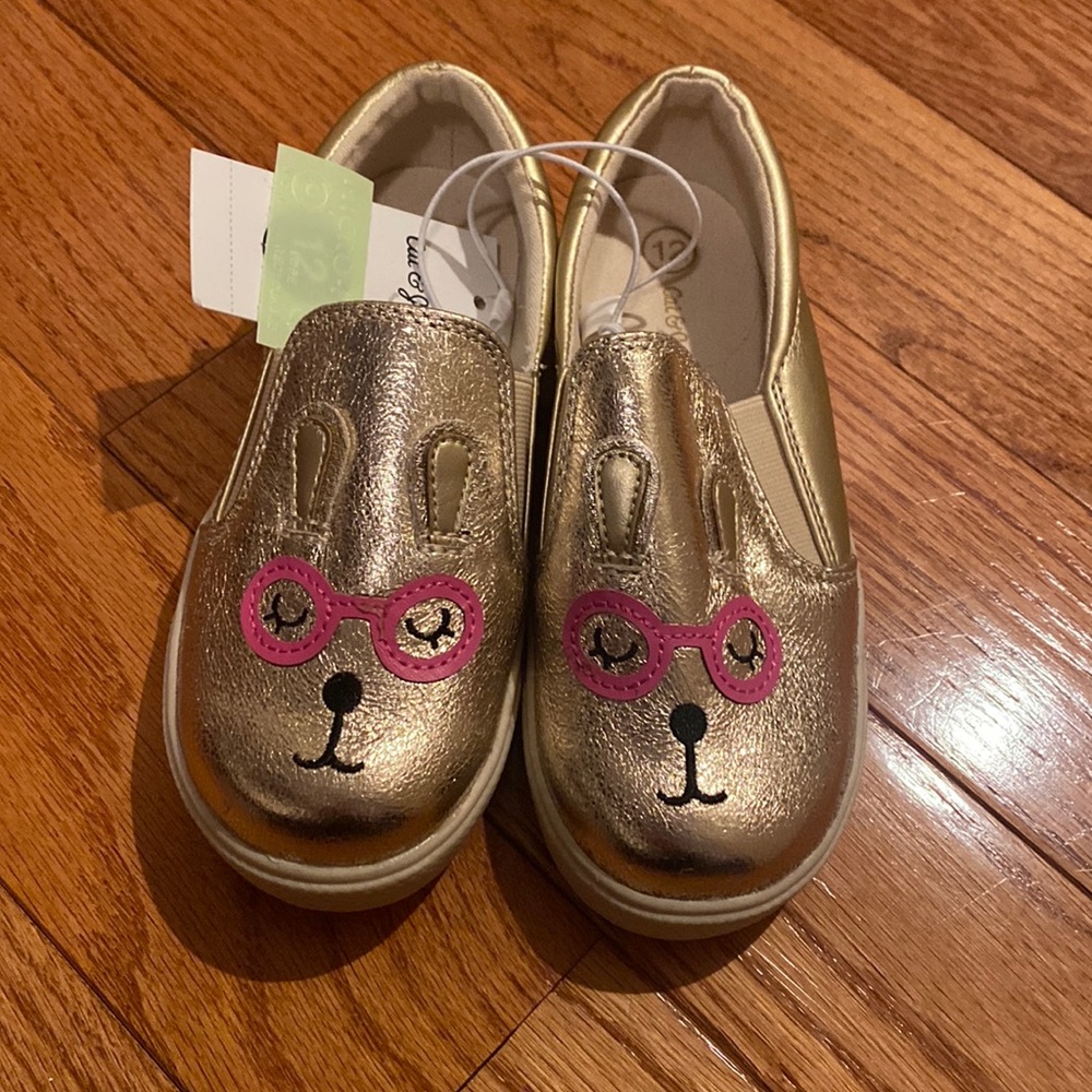 Nwt cat and Jack gold with pink glasses bunny slip on sneakers size 12